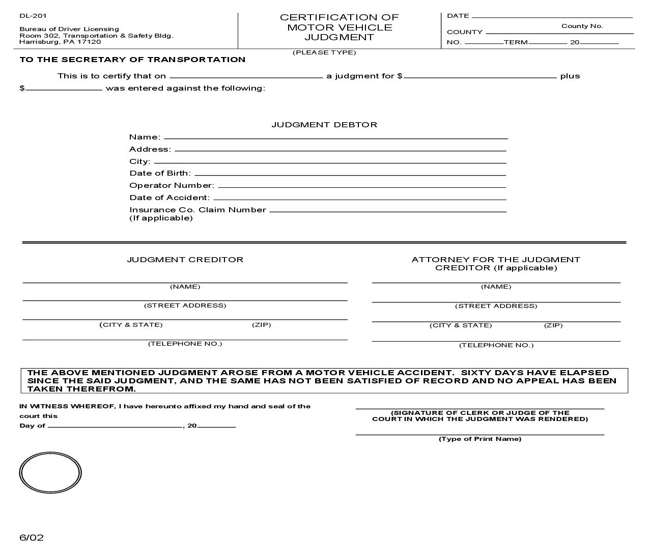 Certification Of Motor Vehicle Judgment | Pdf Fpdf Doc Docx | Pennsylvania