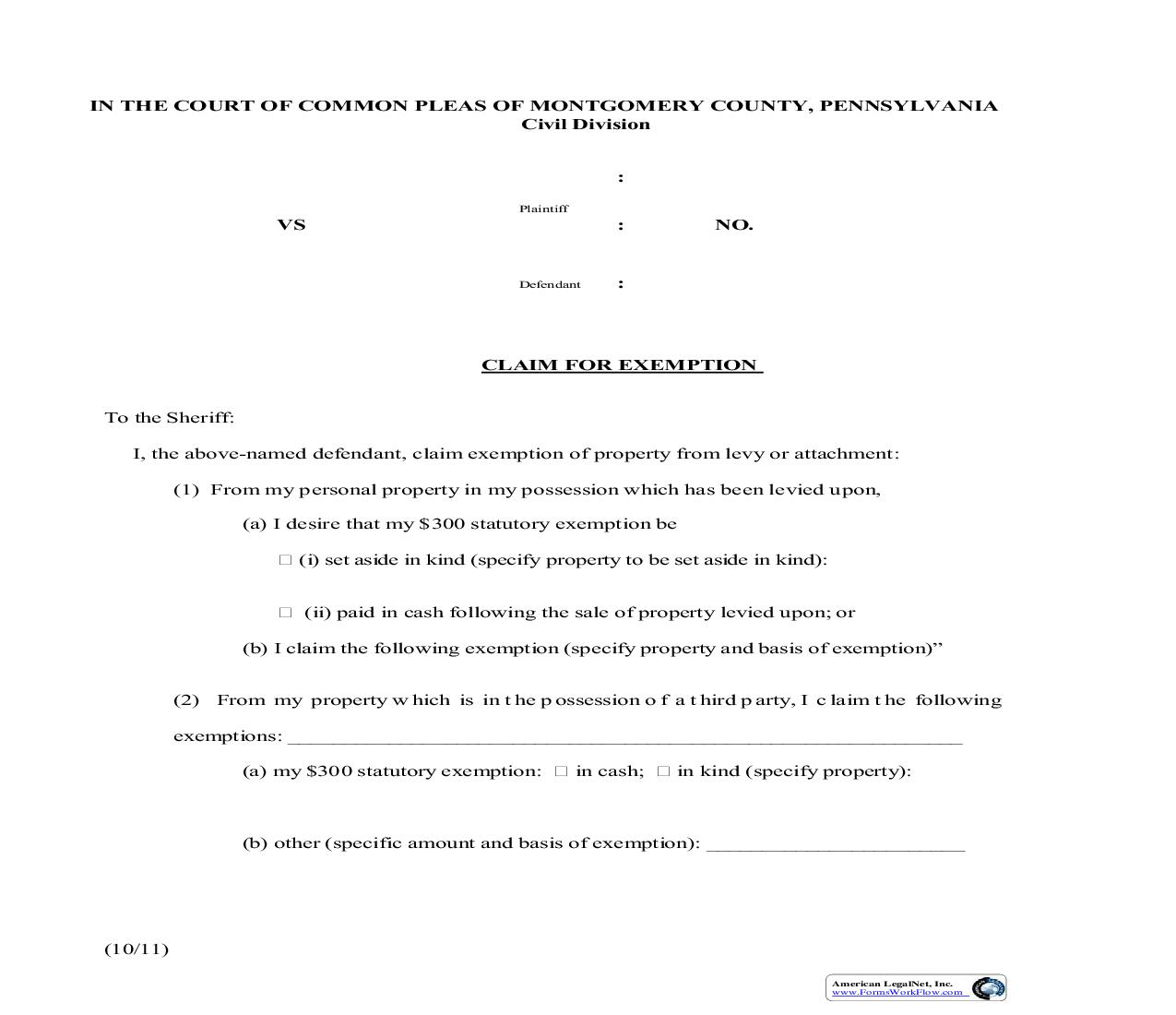 Claim For Exemption | Pdf Fpdf Doc Docx | Pennsylvania