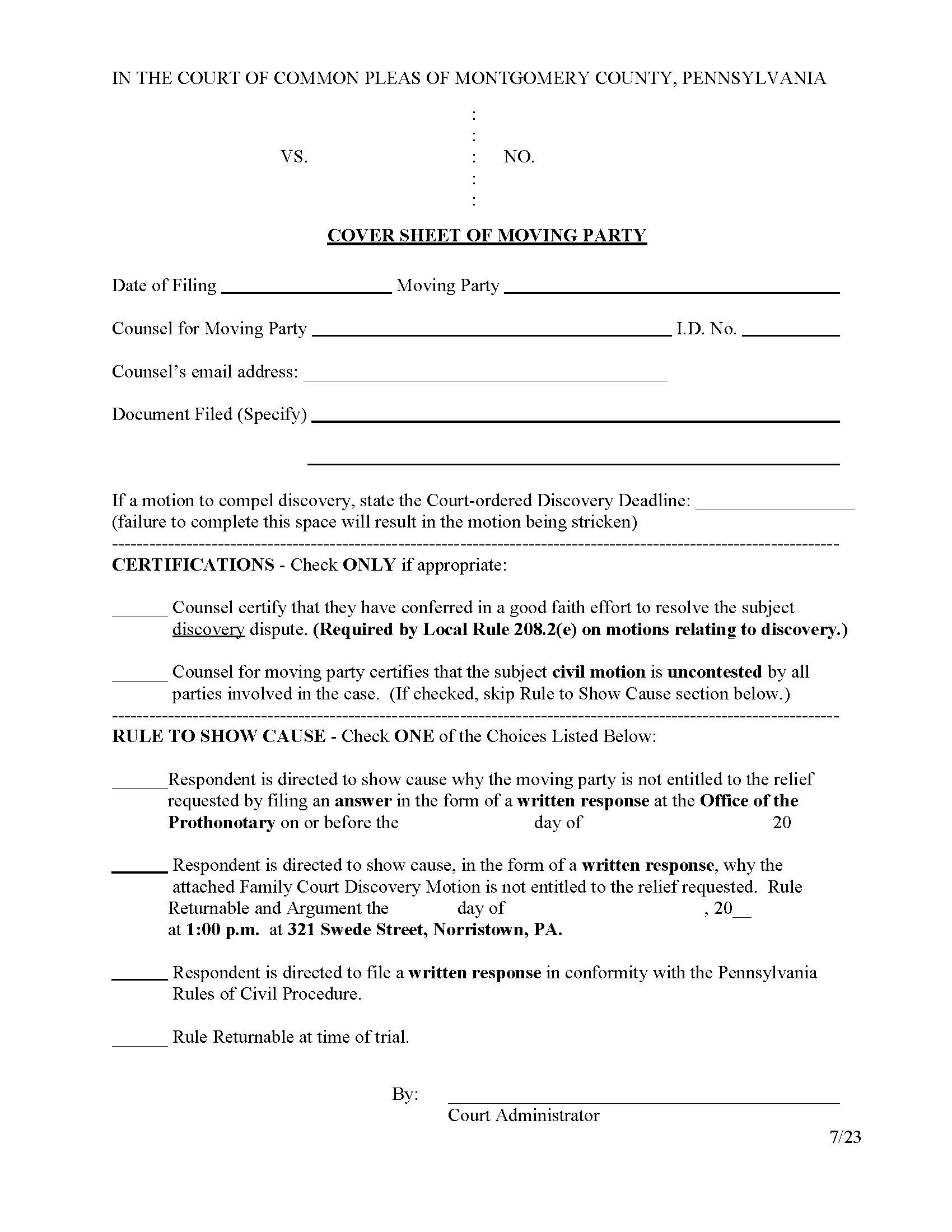 Cover Sheet Of Moving Party | Pdf Fpdf Doc Docx | Pennsylvania