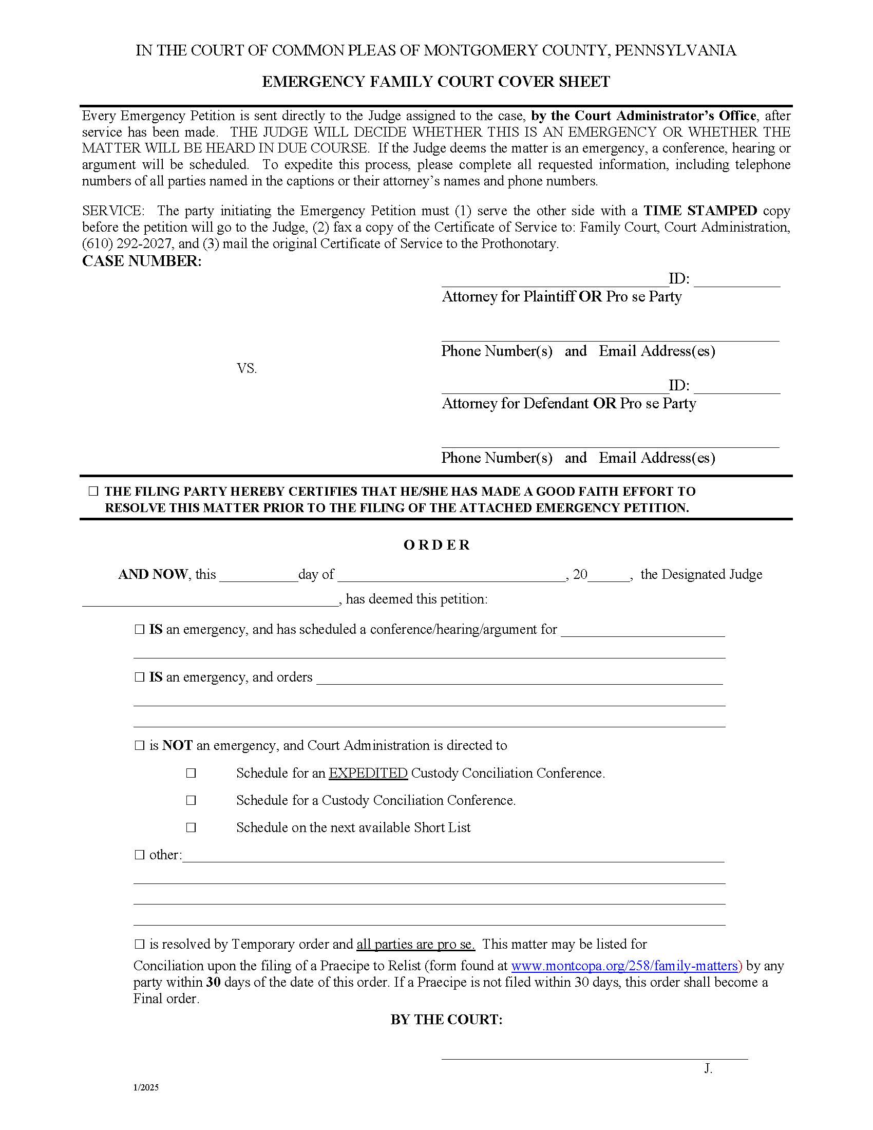 Emergency Family Court Cover Sheet | Pdf Fpdf Docx | Pennsylvania