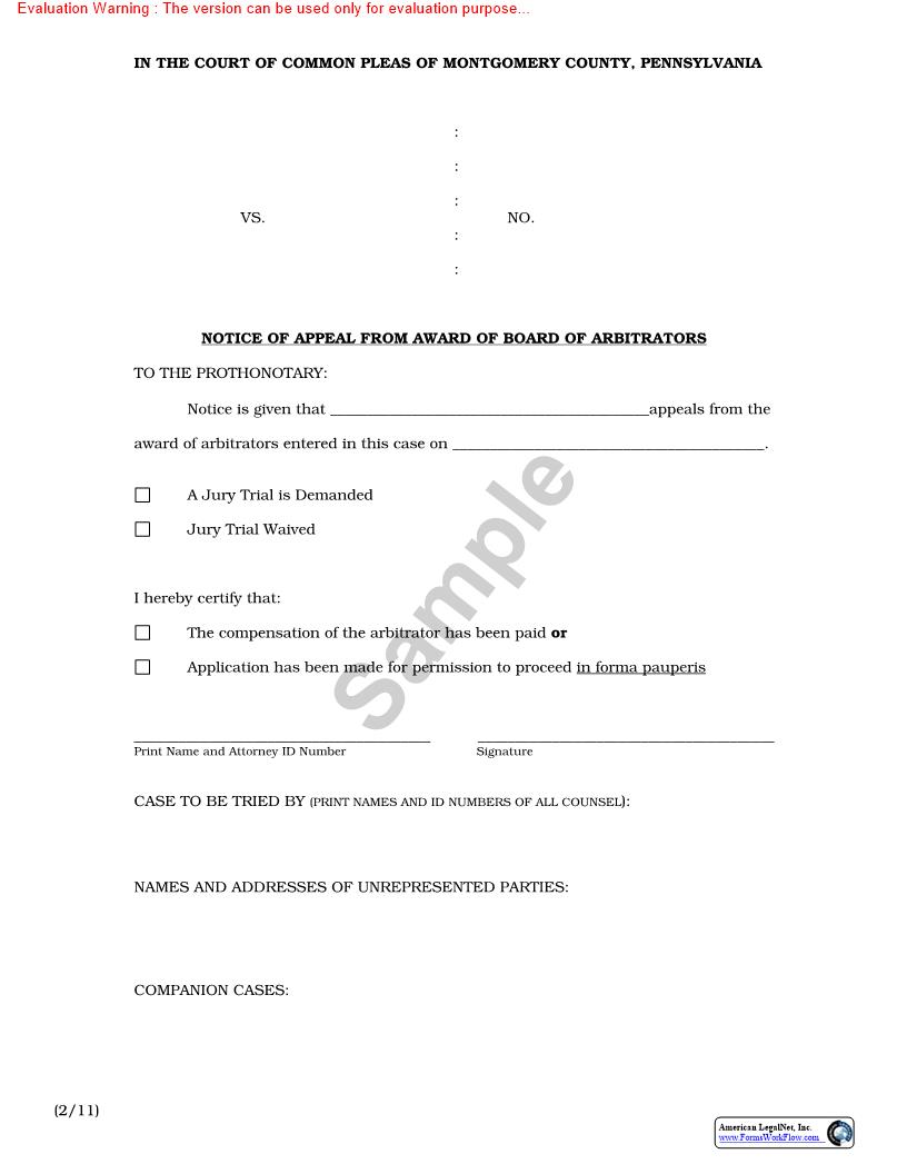 Notice Of Appeal From Award Of Board Of Arbitrators | Pdf Fpdf Doc Docx | Pennsylvania