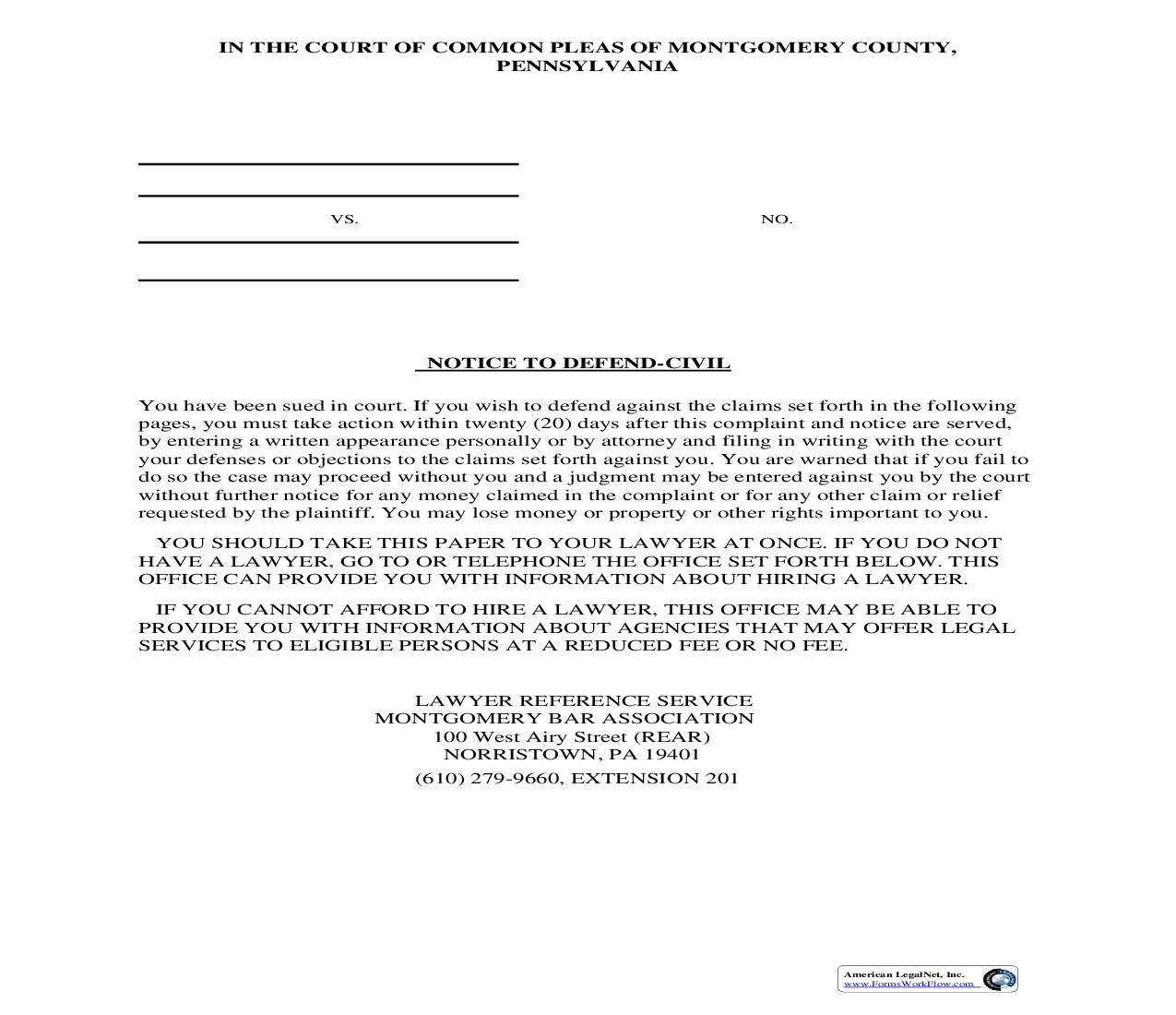 Notice To Defend (Civil) | Pdf Fpdf Doc Docx | Pennsylvania