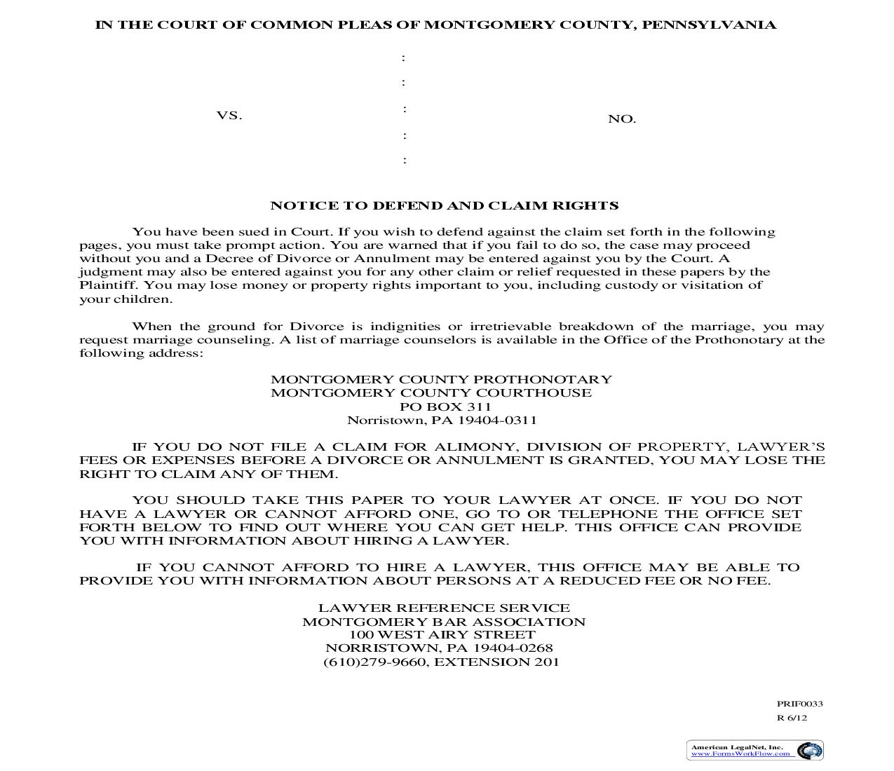 Notice To Defend And Claim Rights | Pdf Fpdf Doc Docx | Pennsylvania