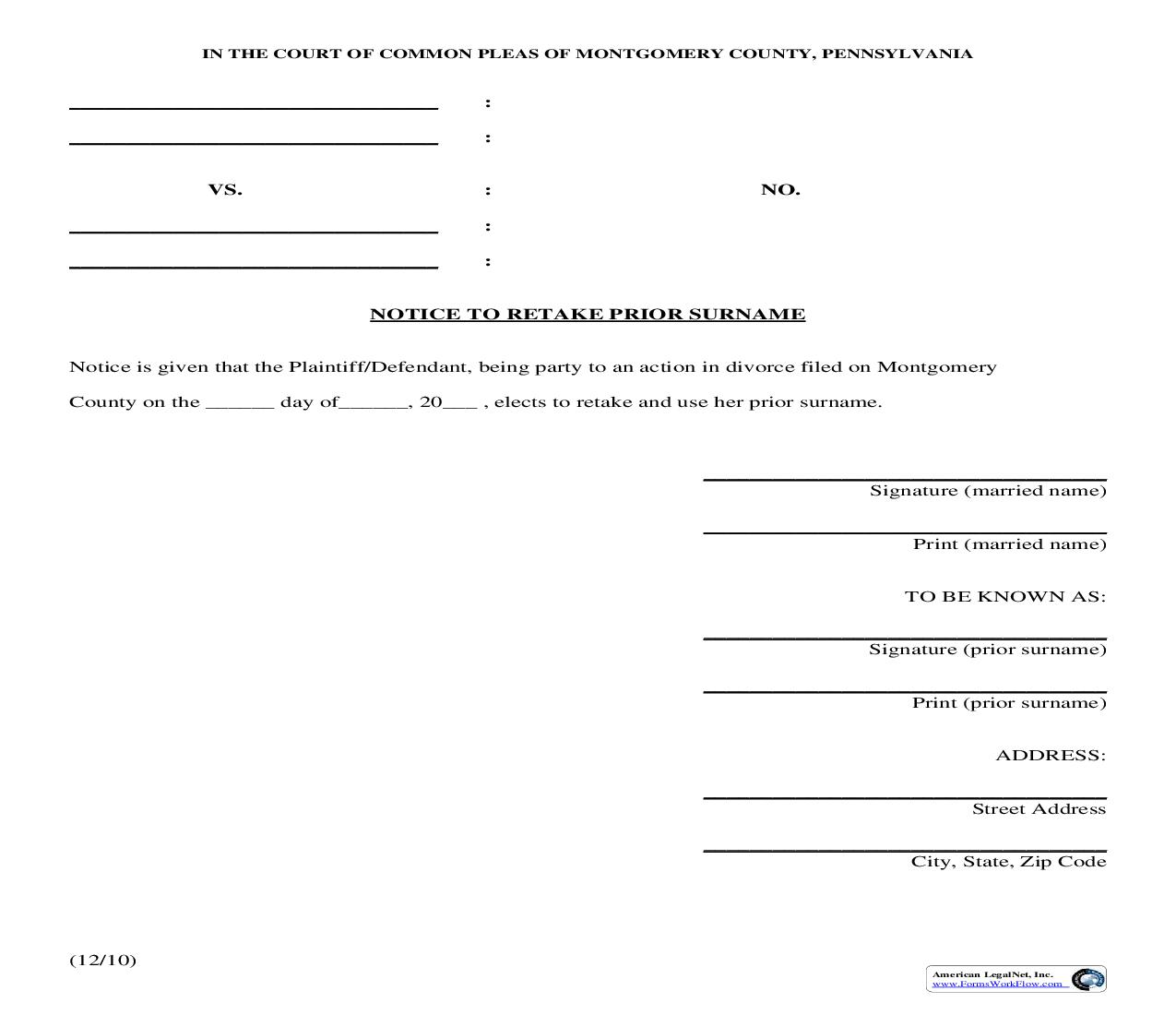 Notice To Retake Prior Surname | Pdf Fpdf Doc Docx | Pennsylvania