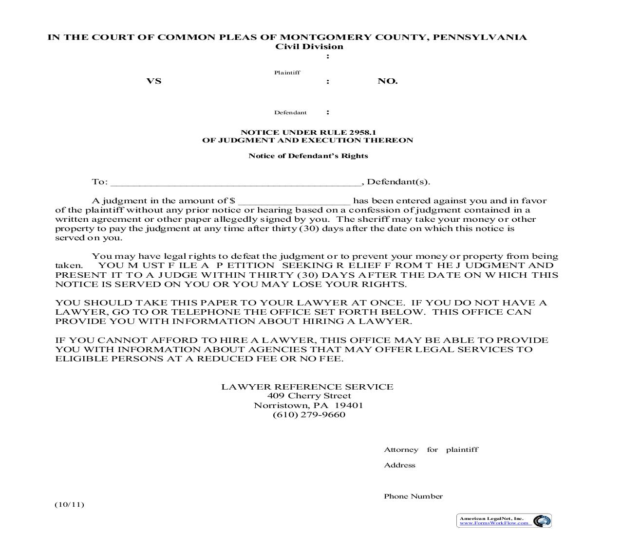 Notice Under Rule 2958.3 Of Judgment And Execution Thereon | Pdf Fpdf Doc Docx | Pennsylvania