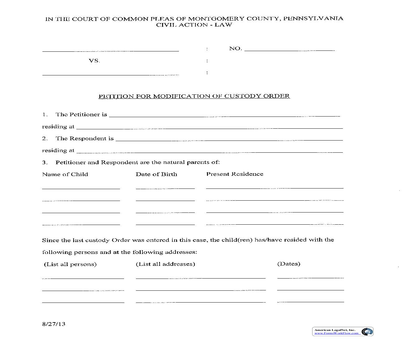 Petition For Modification Of Custody Order | Pdf Fpdf Doc Docx | Pennsylvania