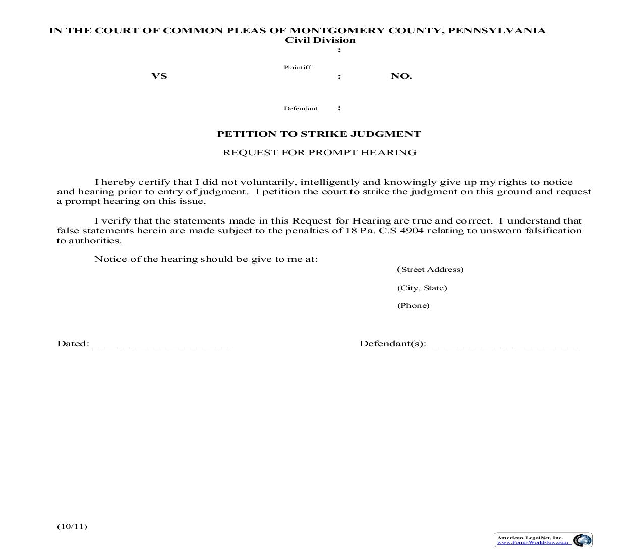 Petition To Strike Judgment | Pdf Fpdf Doc Docx | Pennsylvania