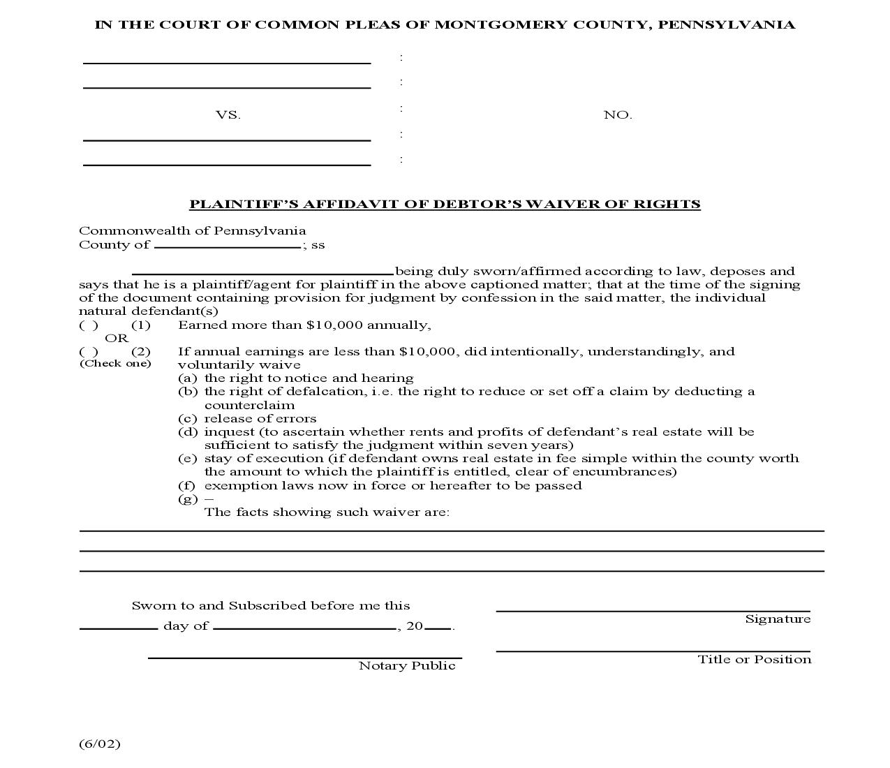 Plaintiffs Affidavit Of Debtors Waiver Of Rights | Pdf Fpdf Doc Docx | Pennsylvania
