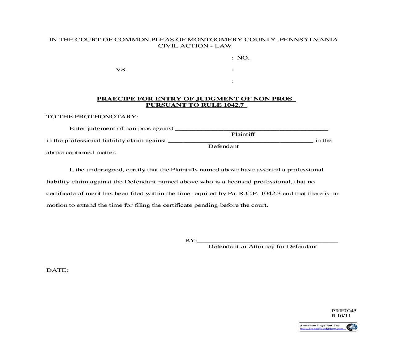 Praecipe For Entry Of Judgment Of Non Pros Pursuant To Rule 1042.7 | Pdf Fpdf Doc Docx | Pennsylvania