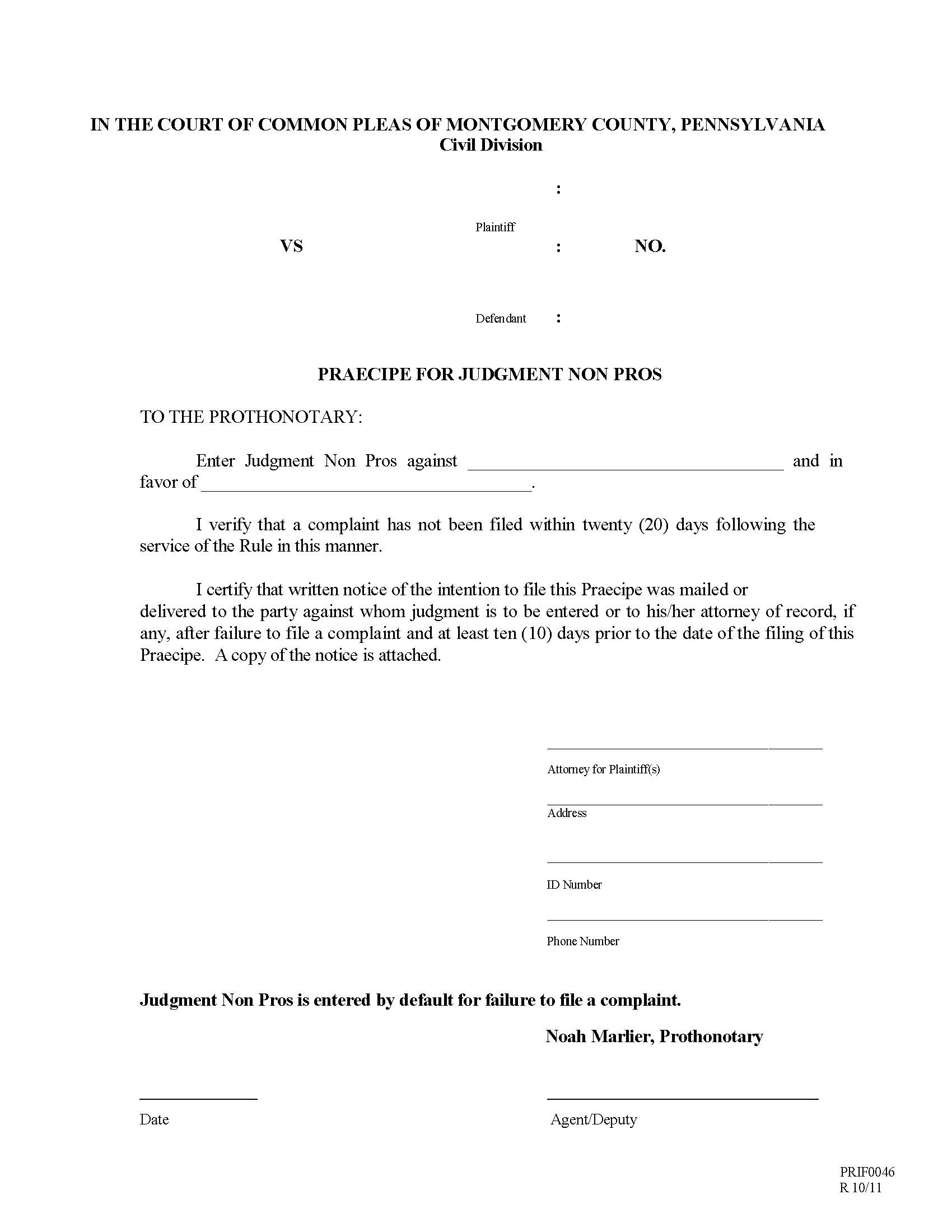 Praecipe For Judgment Non Pros | Pdf Fpdf Doc Docx | Pennsylvania