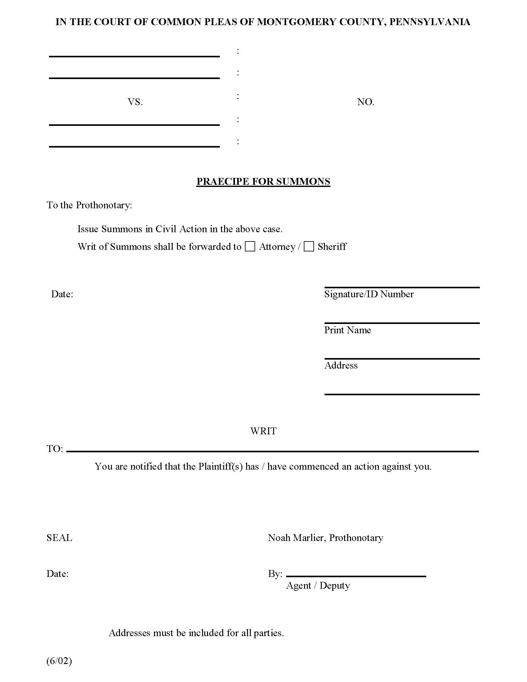 Praecipe For Summons | Pdf Fpdf Doc Docx | Pennsylvania