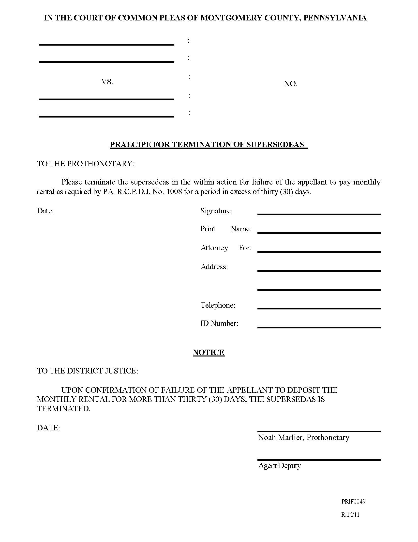 Praecipe For Termination Of Supersedeas | Pdf Fpdf Doc Docx | Pennsylvania