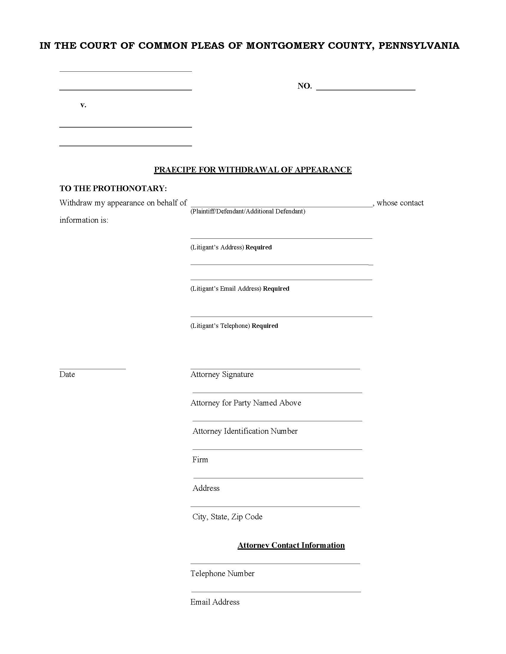 Praecipe For Withdraw Of Appearance | Pdf Fpdf Doc Docx | Pennsylvania