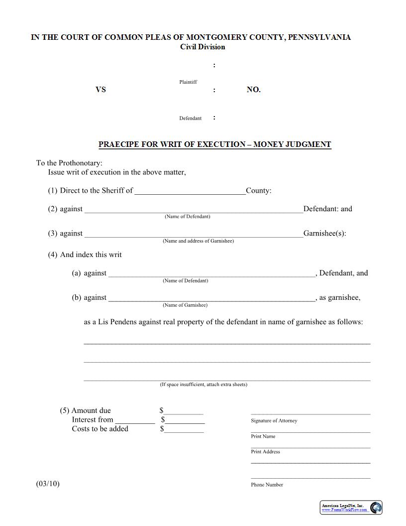 Praecipe For Writ Of Execution - Money Judgments | Pdf Fpdf Docx | Pennsylvania