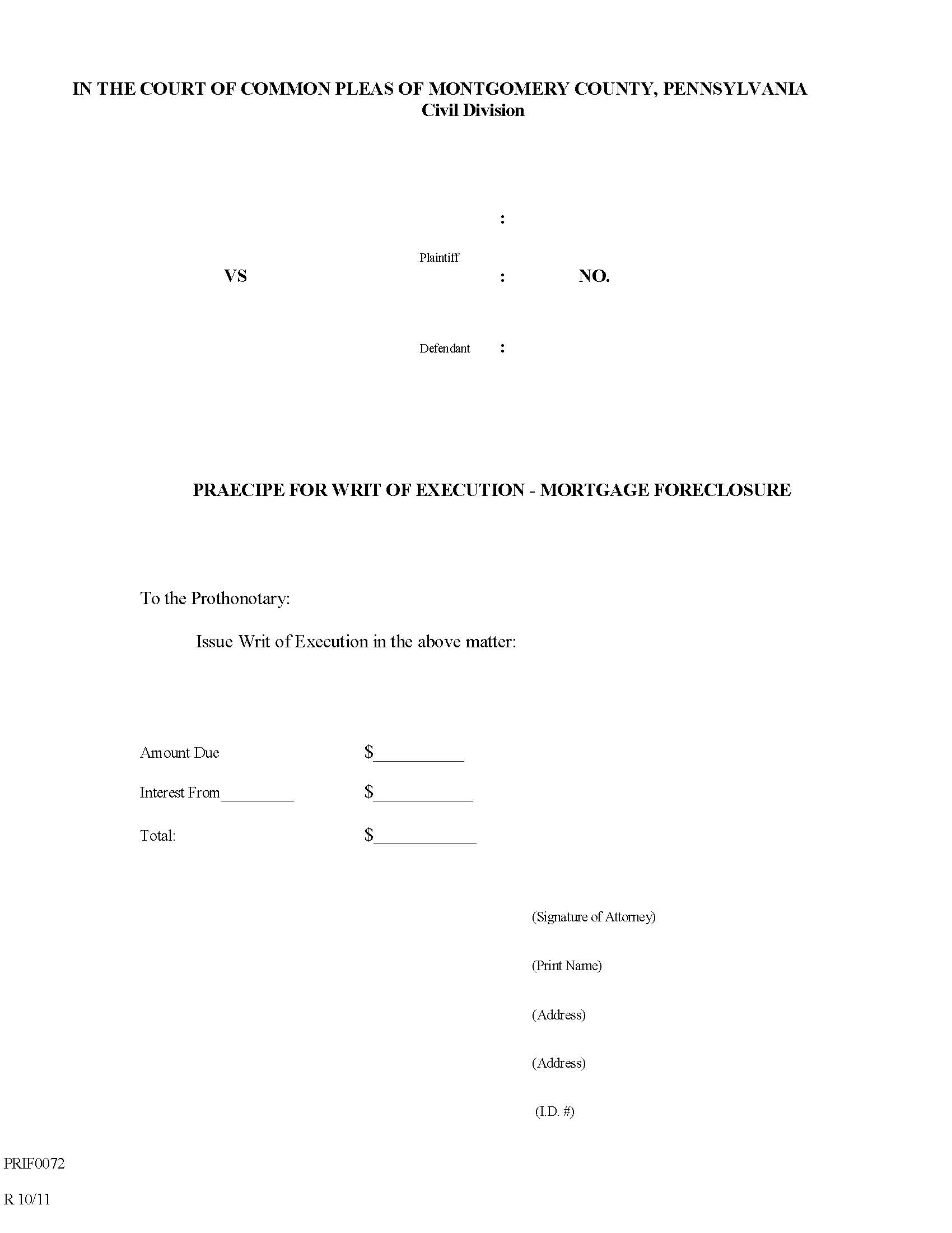 Praecipe For Writ Of Execution - Mortgage Foreclosure | Pdf Fpdf Doc Docx | Pennsylvania