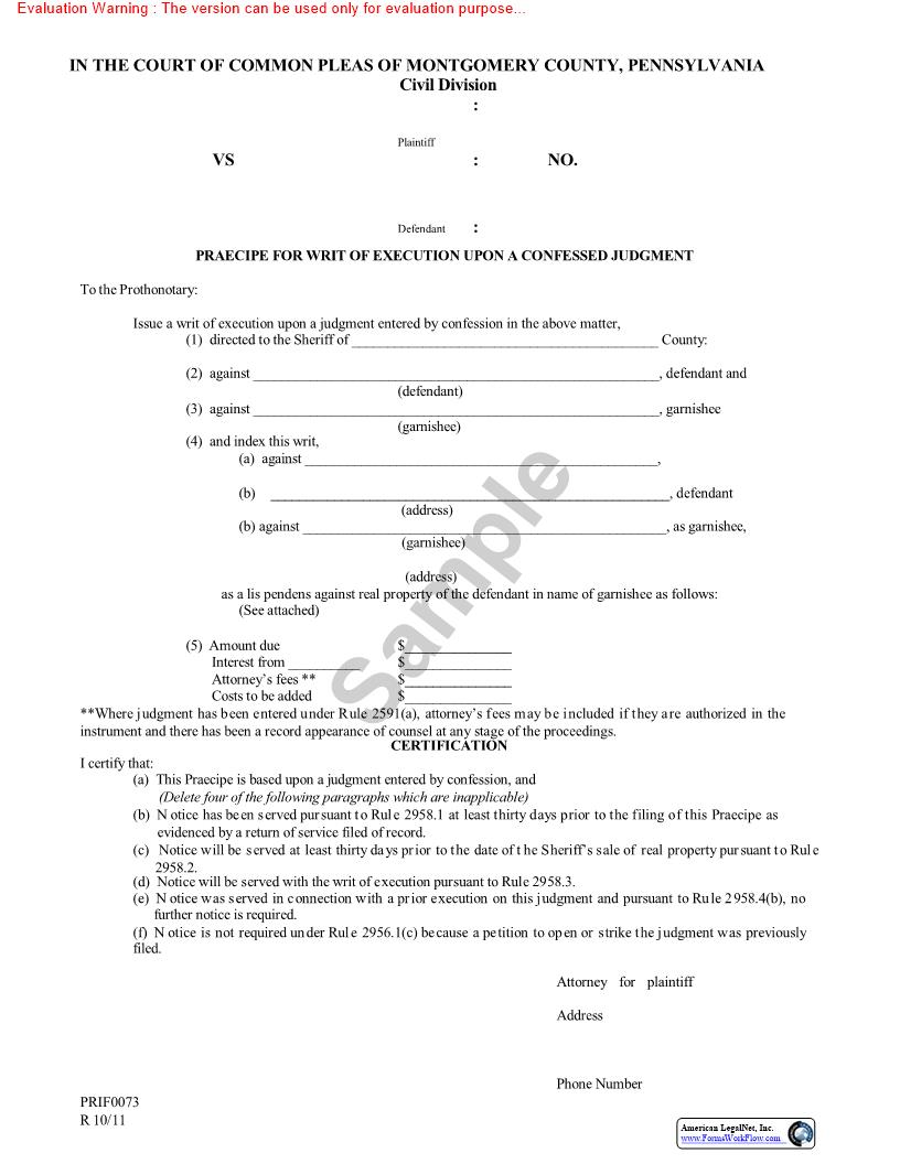Praecipe For Writ Of Possession Upon A Confessed Judgment | Pdf Fpdf Doc Docx | Pennsylvania