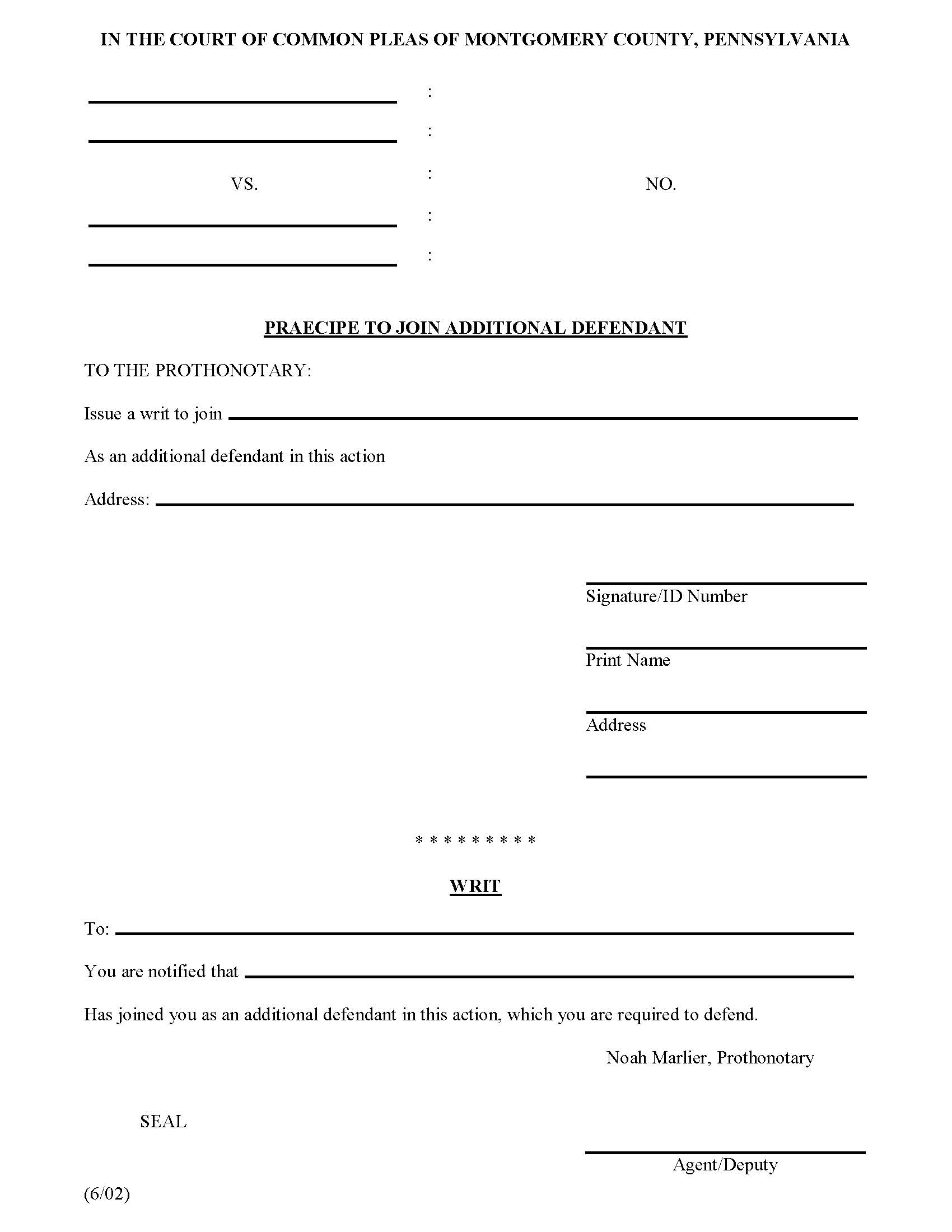 Praecipe To Join Additional Defendant | Pdf Fpdf Doc Docx | Pennsylvania