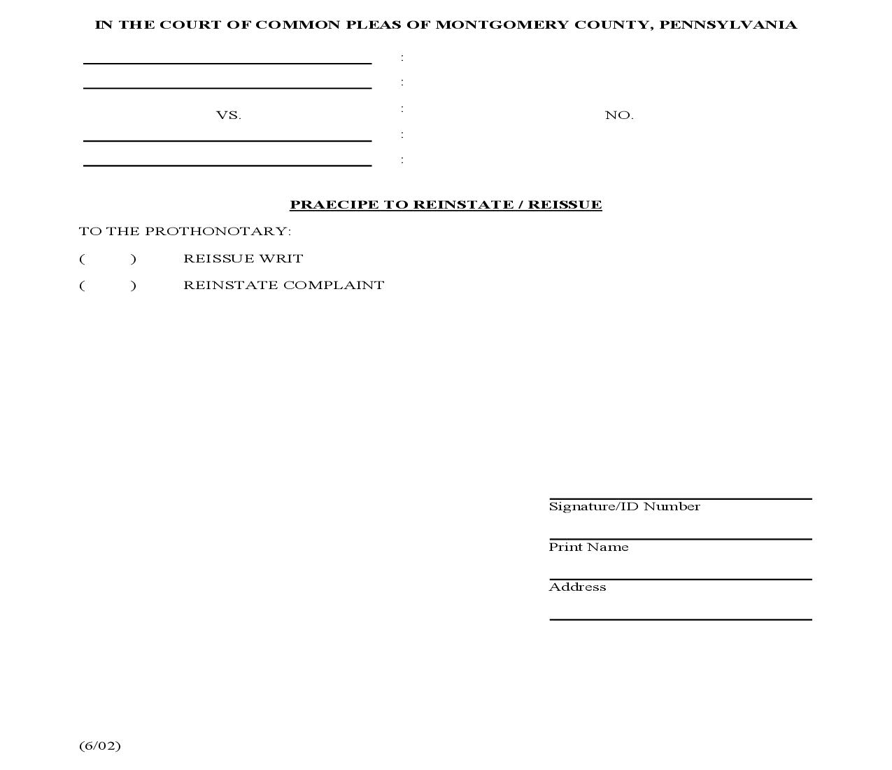 Praecipe To Reinstate Or Reissue | Pdf Fpdf Doc Docx | Pennsylvania
