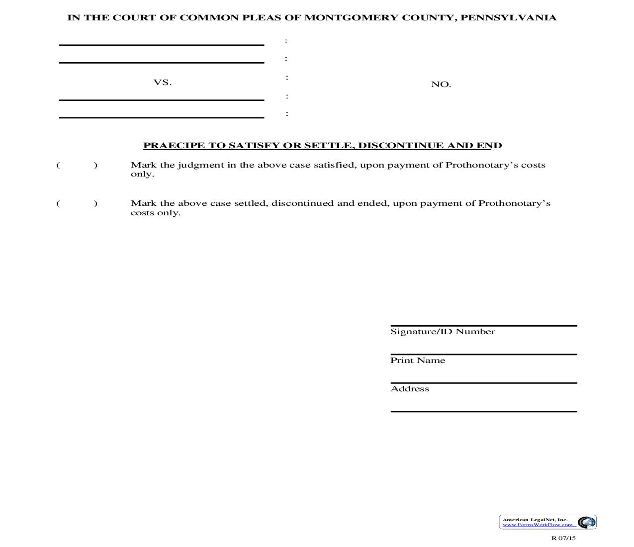 Praecipe To Satisfy Or Settle Discontinue And End | Pdf Fpdf Doc Docx | Pennsylvania