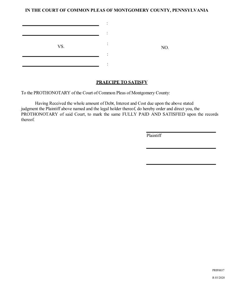 Praecipe To Satisfy | Pdf Fpdf Doc Docx | Pennsylvania