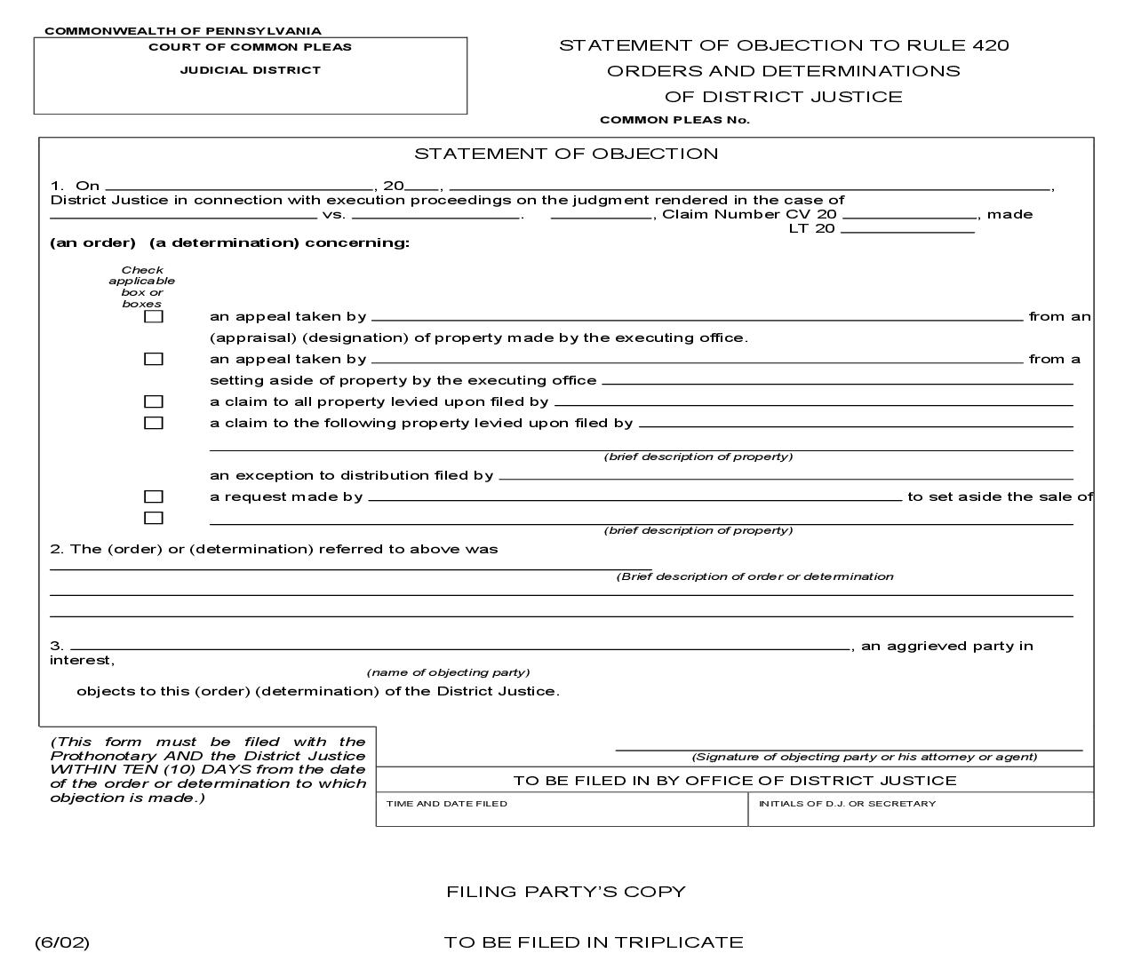 Statement Of Objection To Rule 420 Orders And Determinations Of District Justice | Pdf Fpdf Doc Docx | Pennsylvania