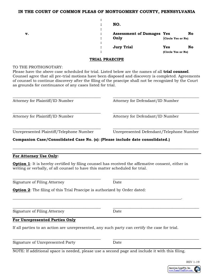 Trial Praecipe | Pdf Fpdf Docx | Pennsylvania