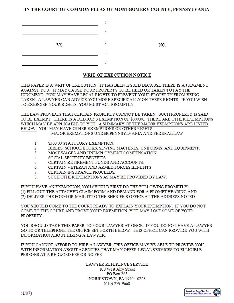 Writ Of Execution Notice | Pdf Fpdf Docx | Pennsylvania