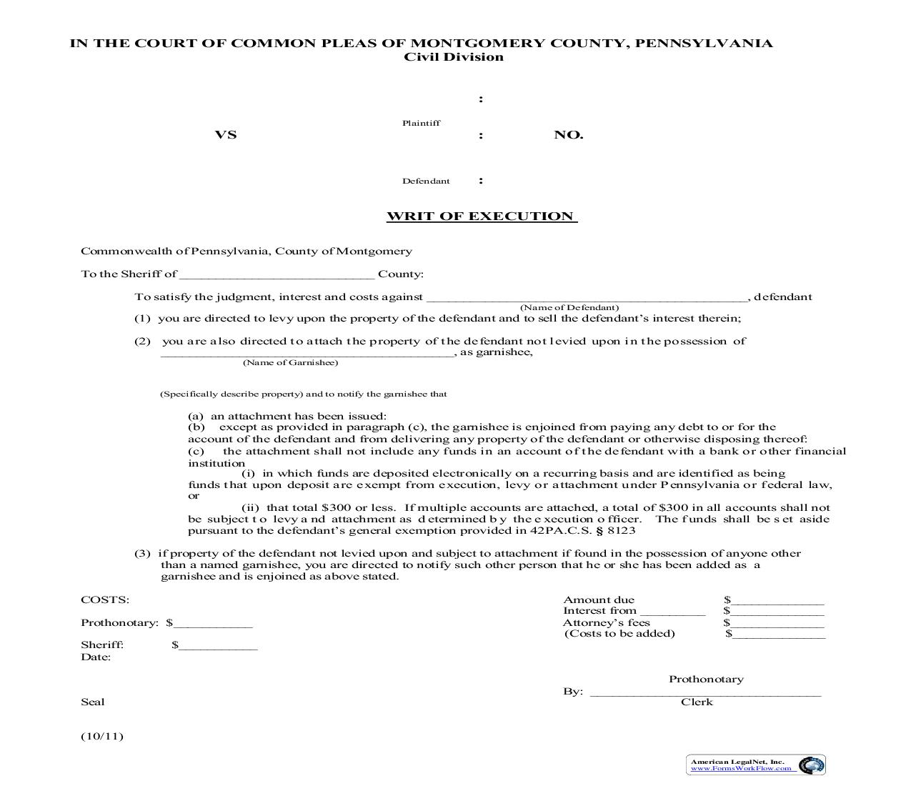 Writ Of Execution | Pdf Fpdf Doc Docx | Pennsylvania