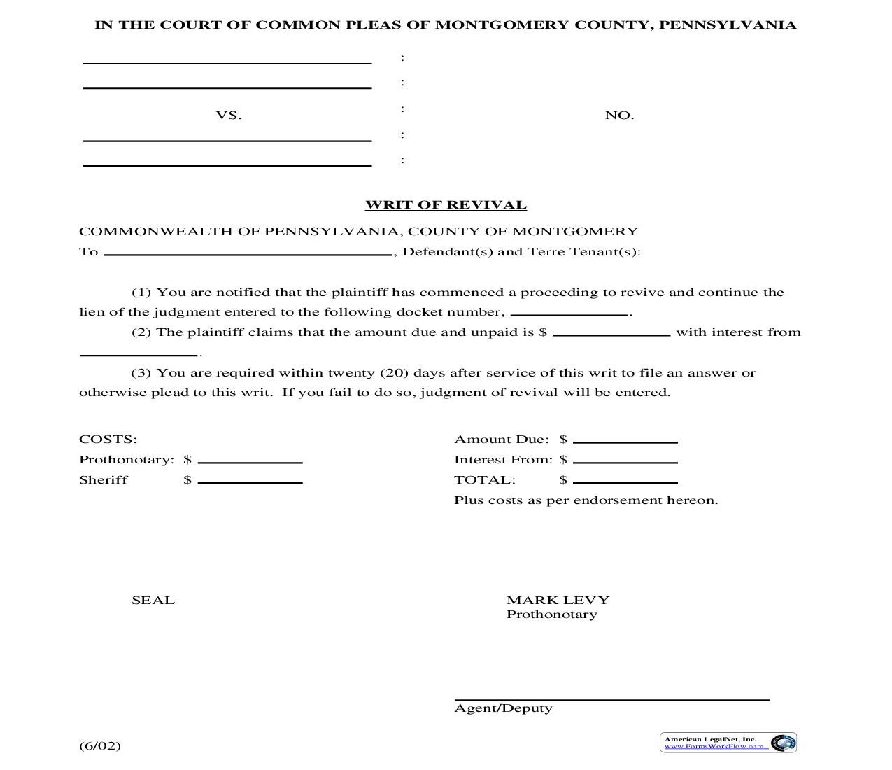 Writ Of Revival | Pdf Fpdf Doc Docx | Pennsylvania