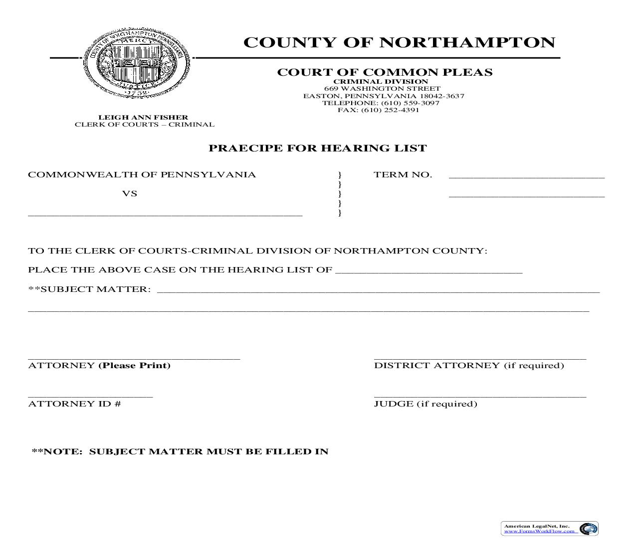Praecipe For Hearing List | Pdf Fpdf Doc Docx | Pennsylvania