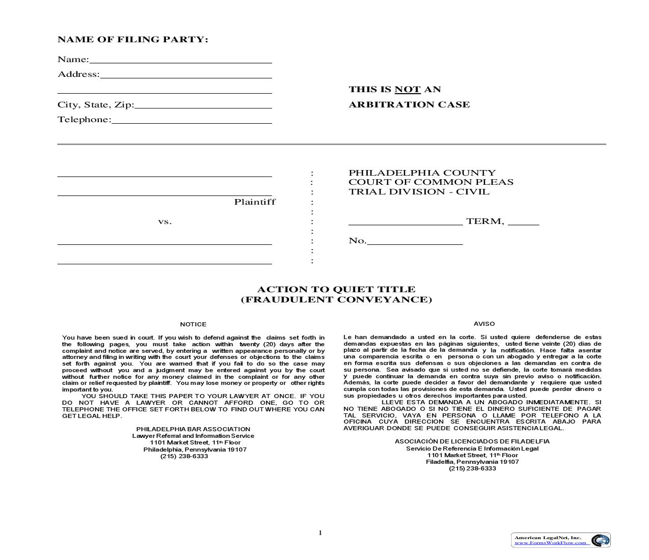 Action To Quiet Titile (Fraudulent Conveyance) | Pdf Fpdf Doc Docx | Pennsylvania