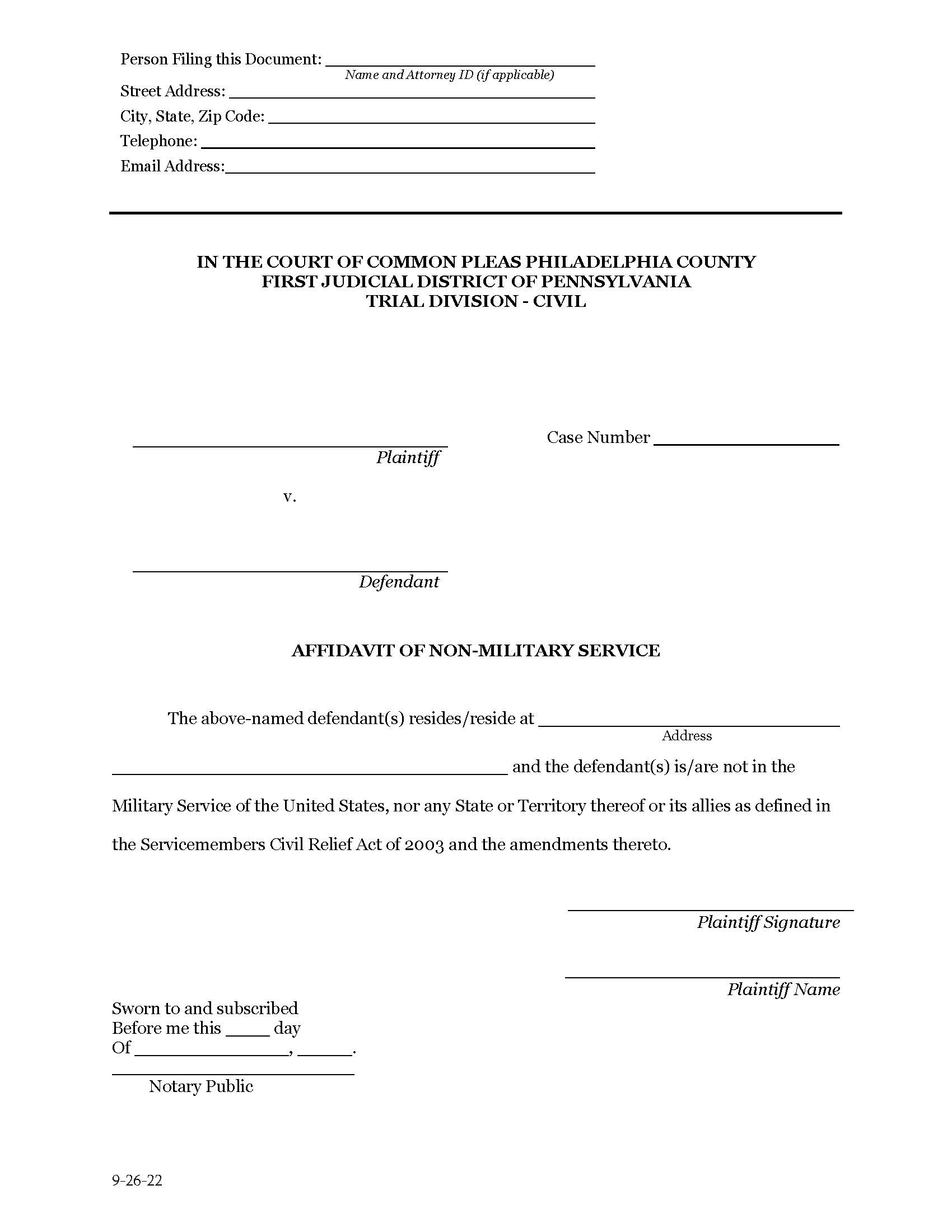 Affidavit Of Non Military Service | Pdf Fpdf Docx | Pennsylvania