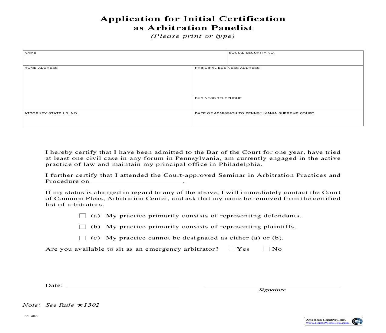 Application For Initial Certification As Arbitration Panelist {01-406} | Pdf Fpdf Doc Docx | Pennsylvania