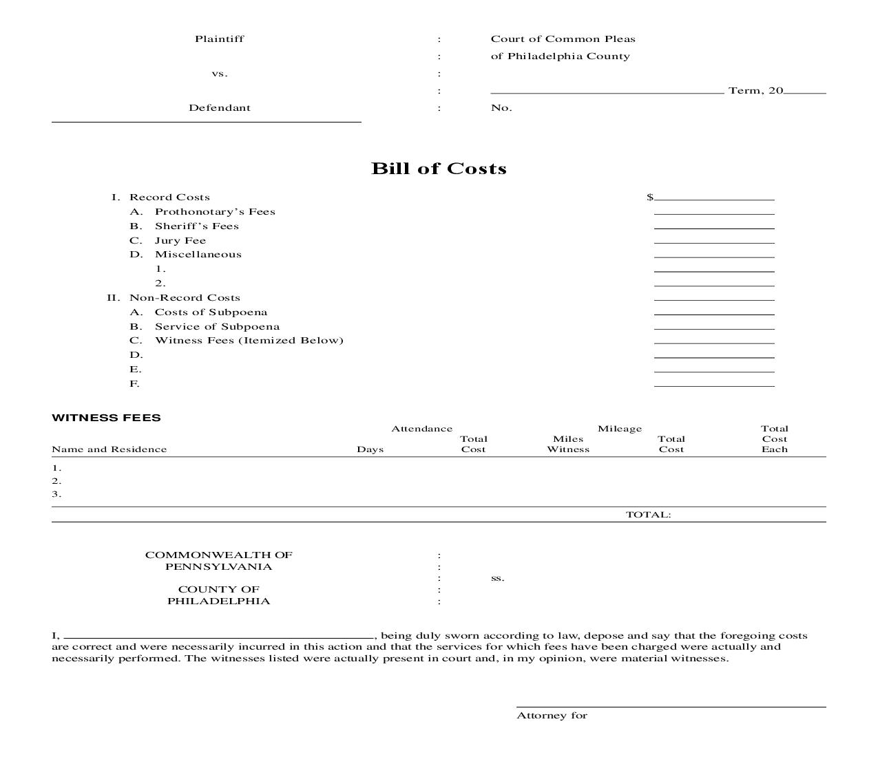 Bill Of Costs | Pdf Fpdf Doc Docx | Pennsylvania