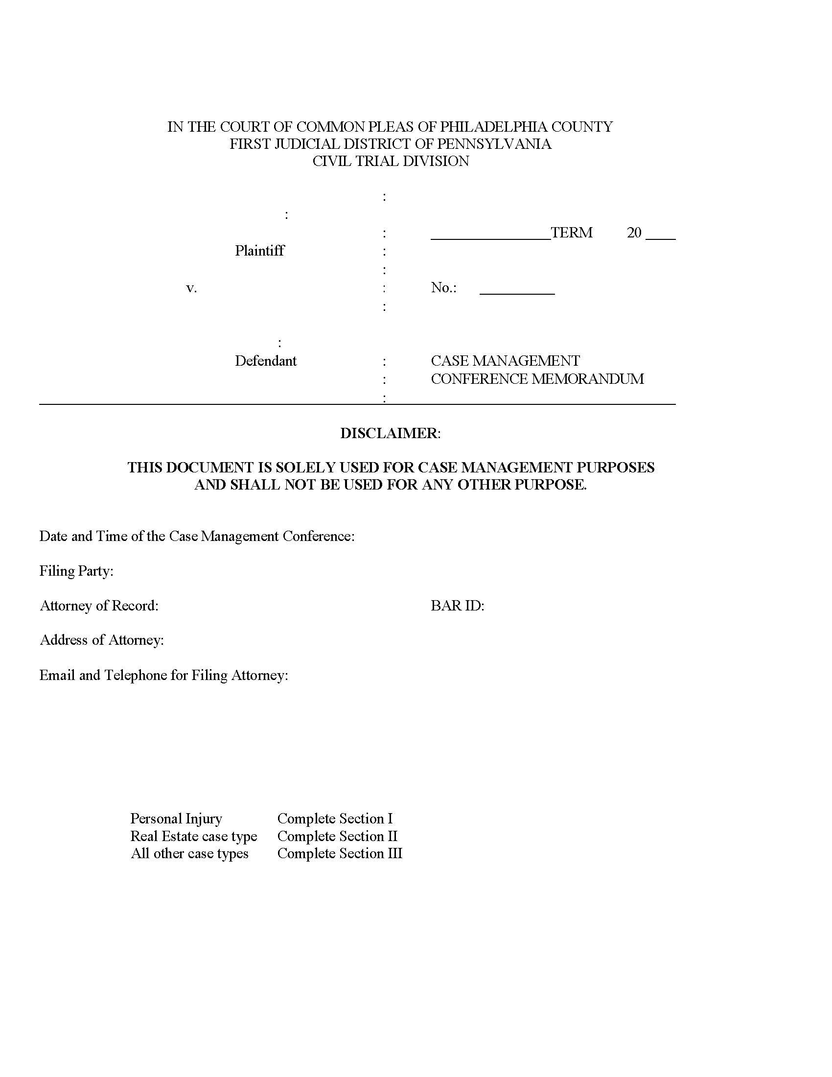 Case Management Conference Memorandum {01-105} | Pdf Fpdf Docx | Pennsylvania