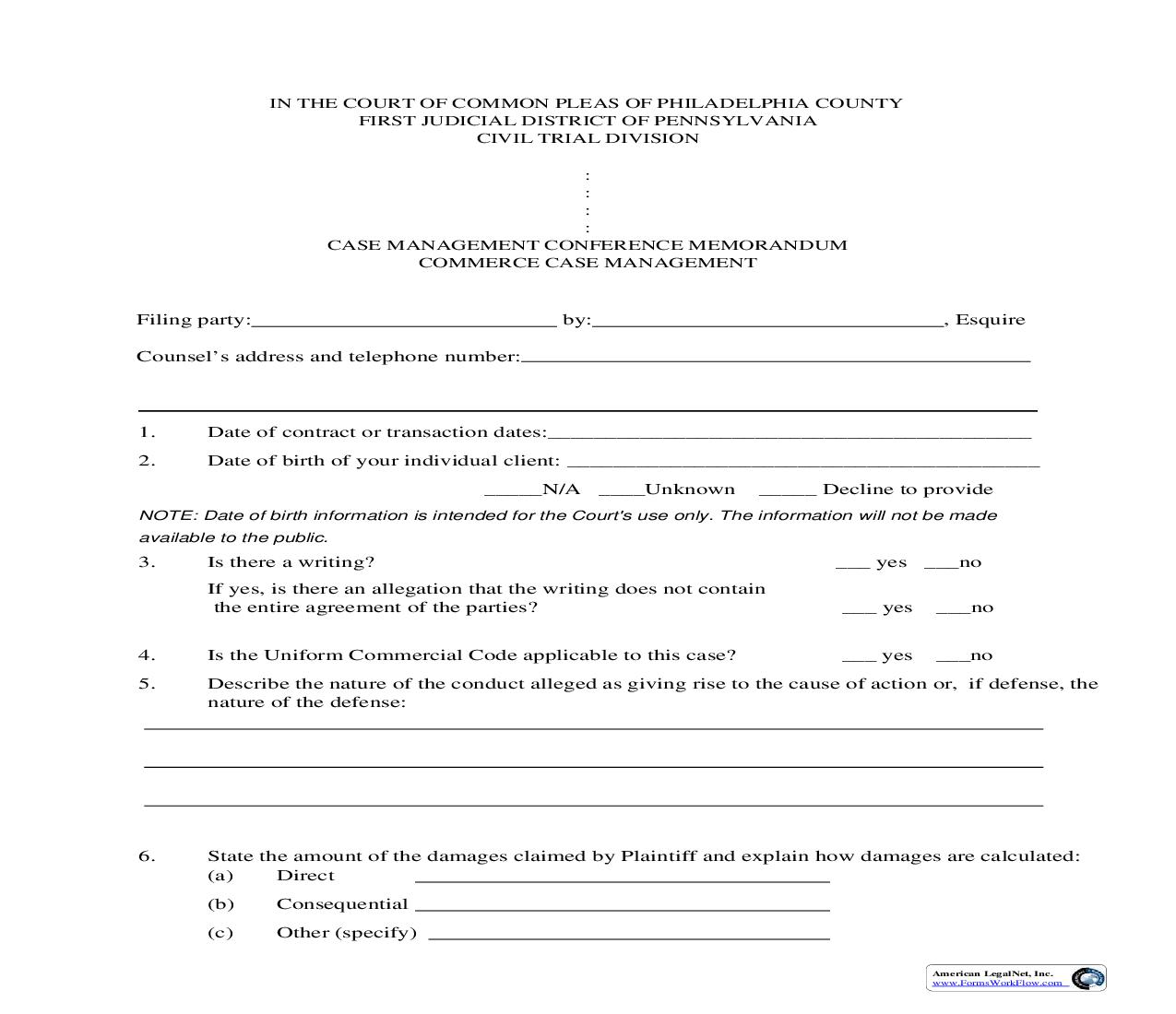 Case Management Conference Memorandum Commerce Case Management {01-111} | Pdf Fpdf Doc Docx | Pennsylvania