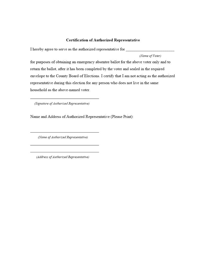 Certificate Of Authorized Representative (Emergency Absentee Ballot) | Pdf Fpdf Docx | Pennsylvania