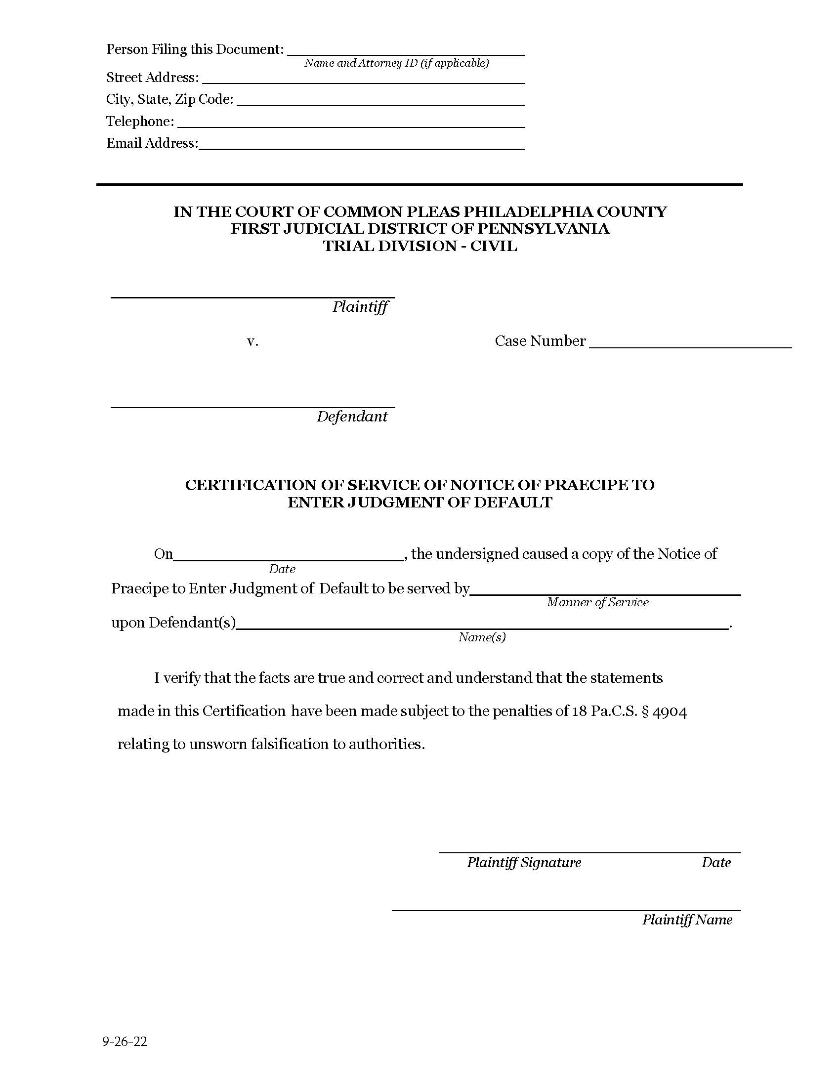 Certificate Of Service Of Notice Of Praecipe To Enter Judgment Of Default | Pdf Fpdf Docx | Pennsylvania