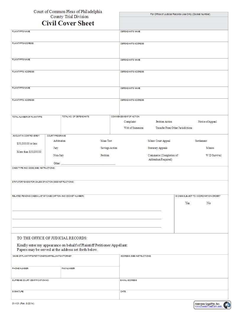 Civil Cover Sheet {01-101} | Pdf Fpdf Docx | Pennsylvania