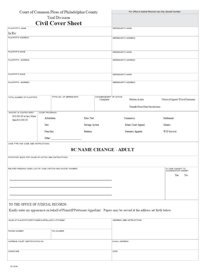 Civil Cover Sheet (Adult Name Change) | Pdf Fpdf Docx | Pennsylvania
