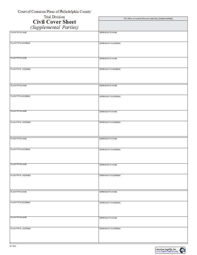Civil Cover Sheet (Supplementary Parties) {01-102} | Pdf Fpdf Docx | Pennsylvania