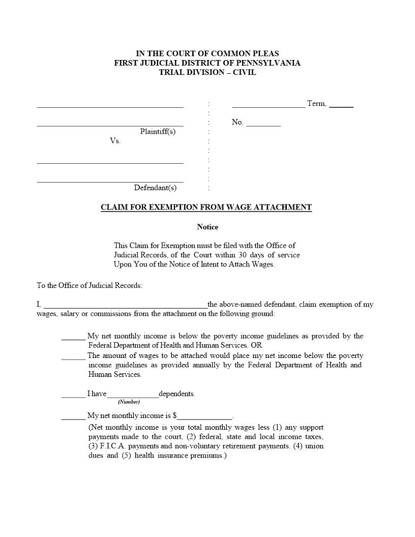 Claim For Exemption From Wage Attachment | Pdf Fpdf Docx | Pennsylvania