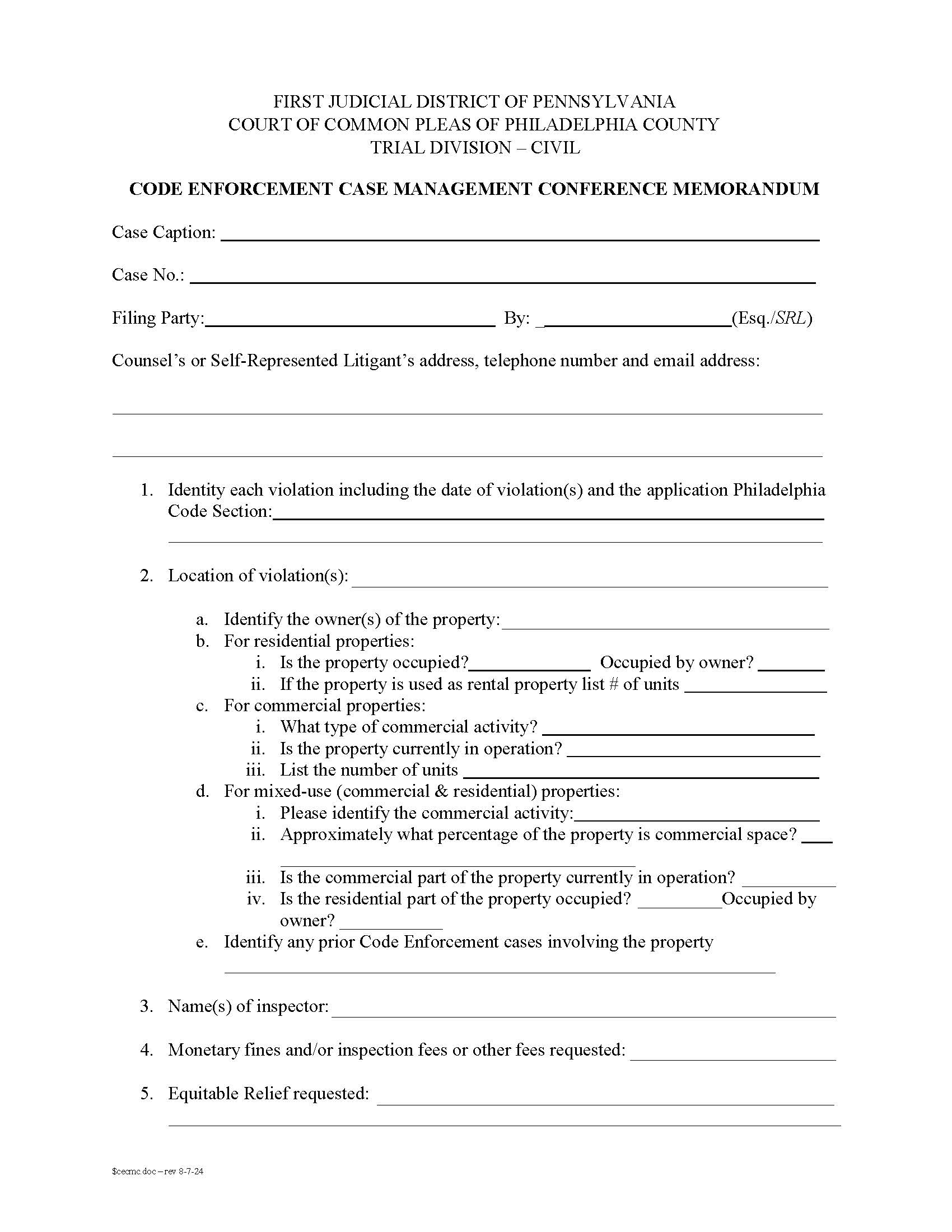 Code Enforcement Case Management Conference Memorandum | Pdf Fpdf Docx | Pennsylvania