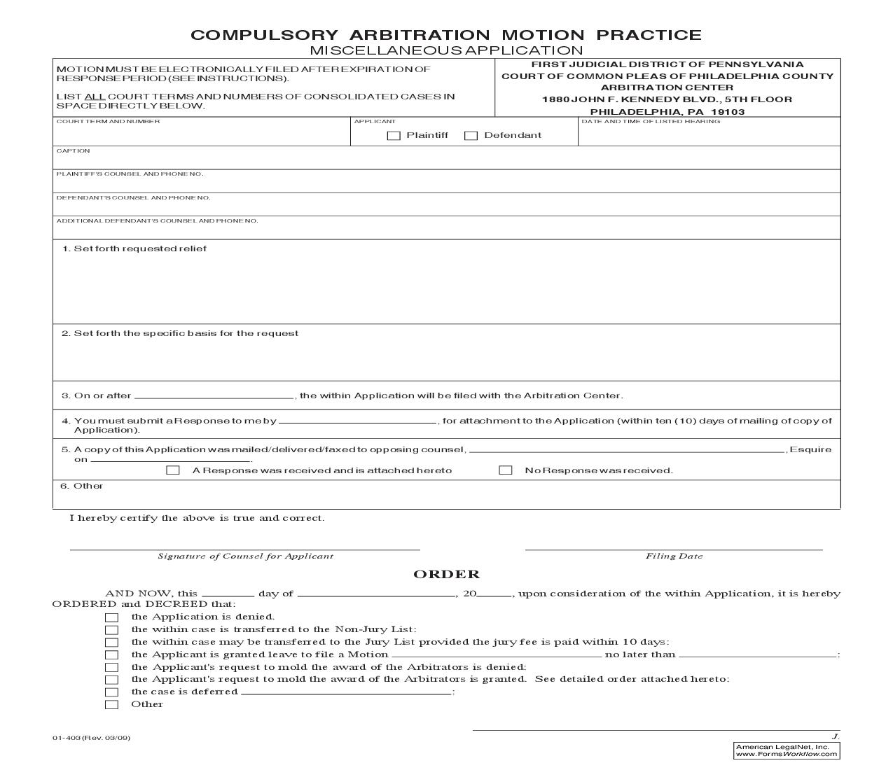 Compulsory Arbitration Motion Practice (Miscellaneous Application) {01-403} | Pdf Fpdf Doc Docx | Pennsylvania