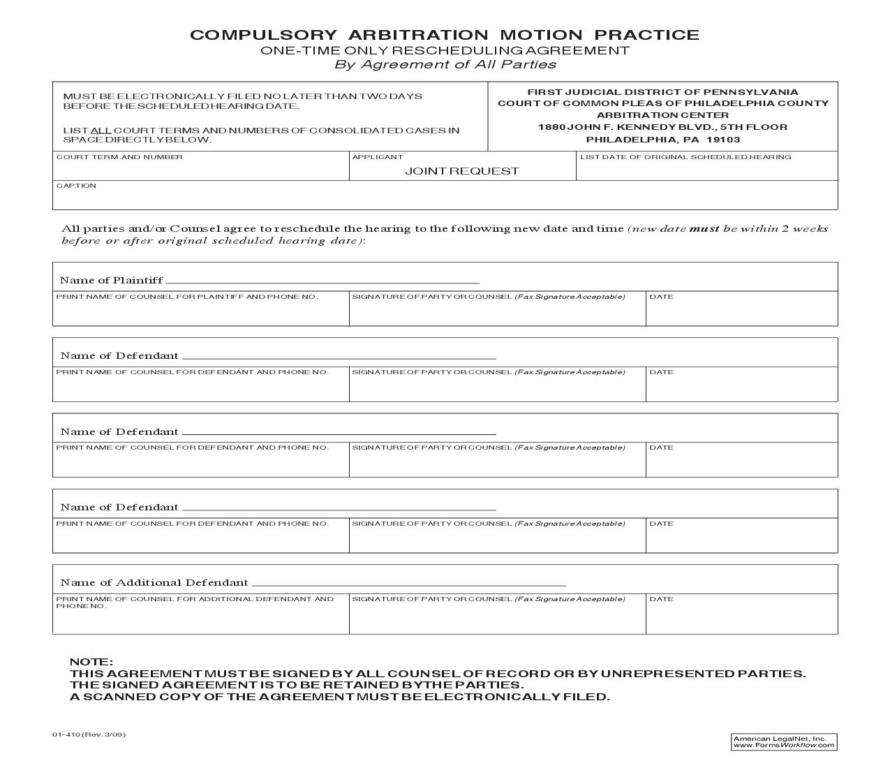Compulsory Arbitration Motion Practice (One-Time Only Rescheduling Agreement) {01-410} | Pdf Fpdf Doc Docx | Pennsylvania