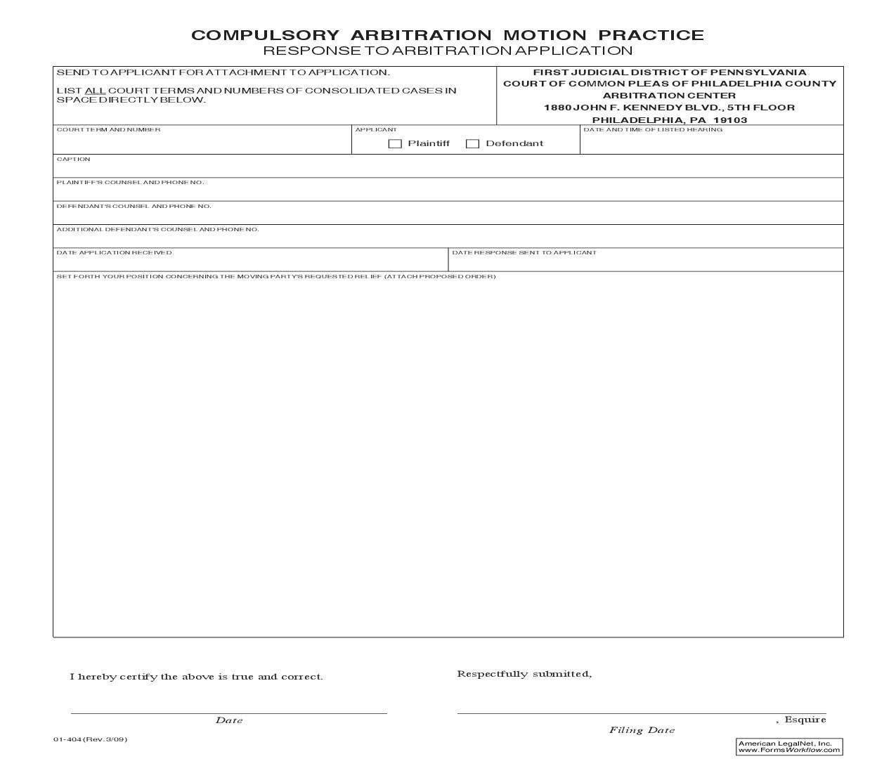Compulsory Arbitration Motion Practice (Response To Arbitration Application) {01-404} | Pdf Fpdf Doc Docx | Pennsylvania