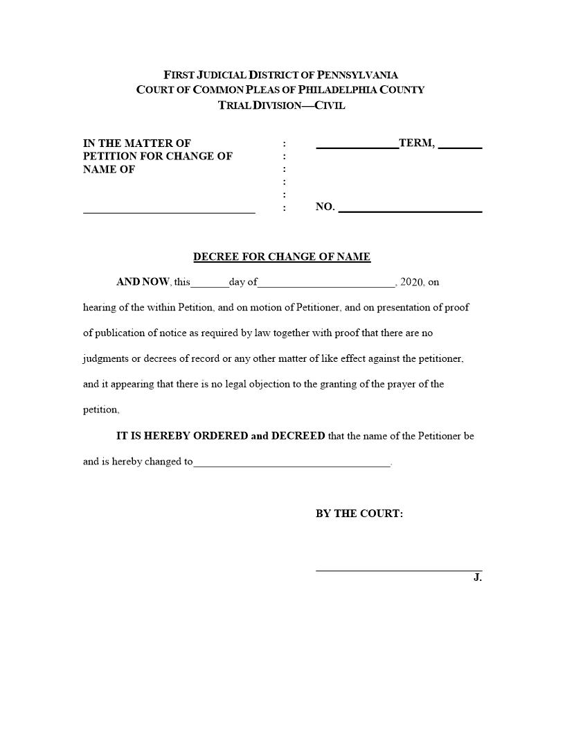 Decree For Change Of Name | Pdf Fpdf Docx | Pennsylvania