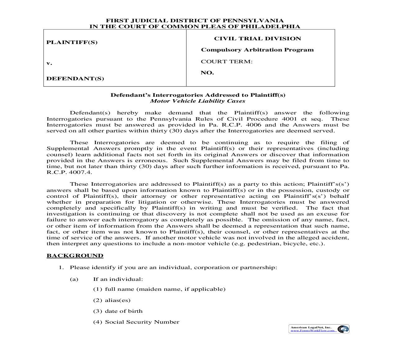 Defendants Interrogatories Addressed To Plaintiff (Motor Vehicle Liability Cases) | Pdf Fpdf Doc Docx | Pennsylvania