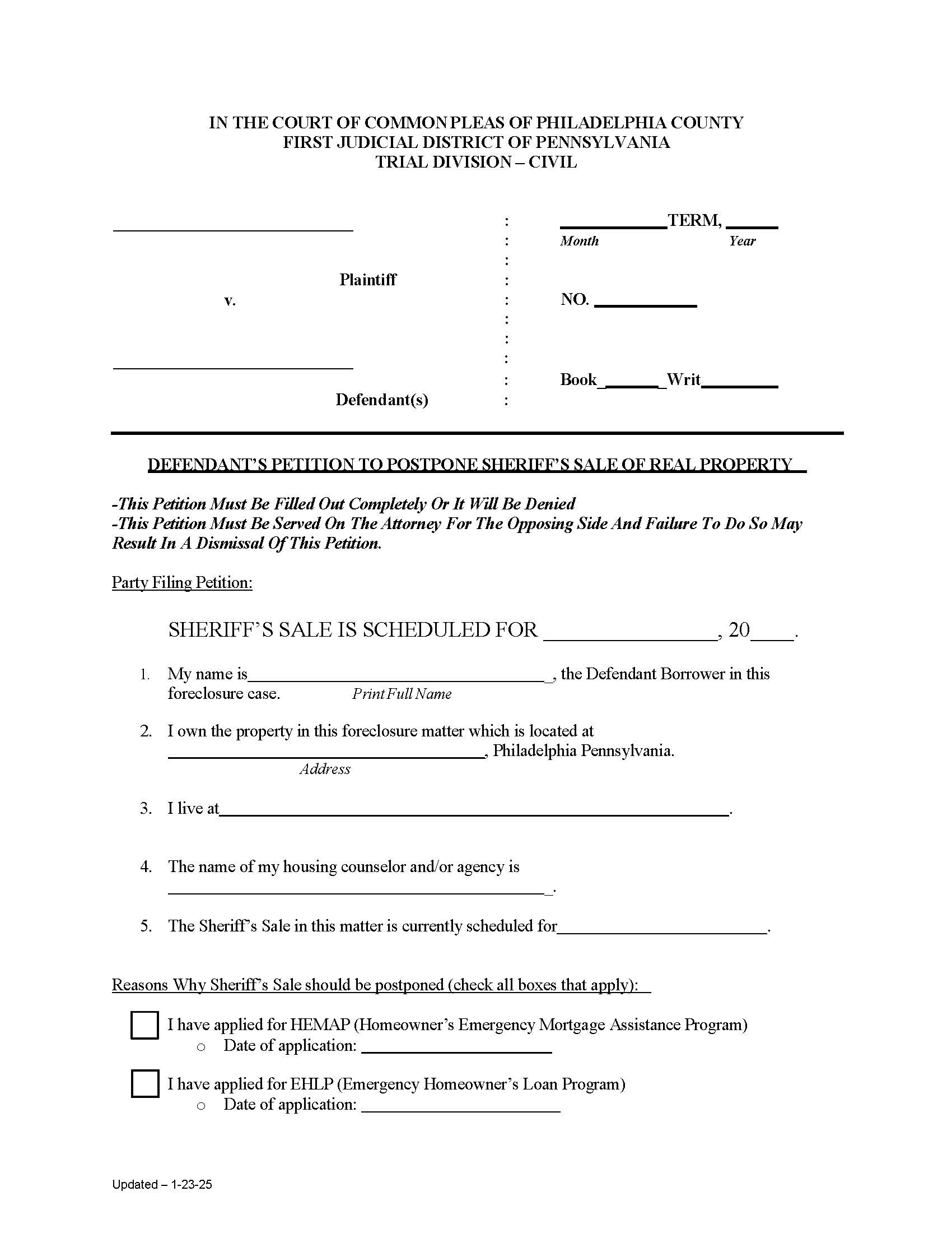 Defendants Petition To Postpone Sheriffs Sale Of Real Property | Pdf Fpdf Doc Docx | Pennsylvania
