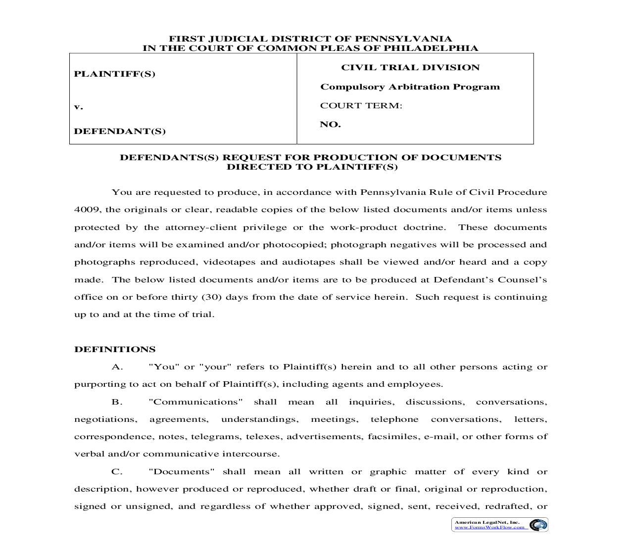 Defendants Request For Production Of Documents Directed To Plaintiff | Pdf Fpdf Doc Docx | Pennsylvania